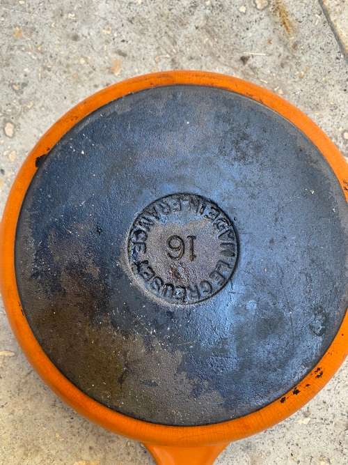 Le Creuset Skillet #16 Orange Enamel Cast Iron France Double Spout Frying Pan