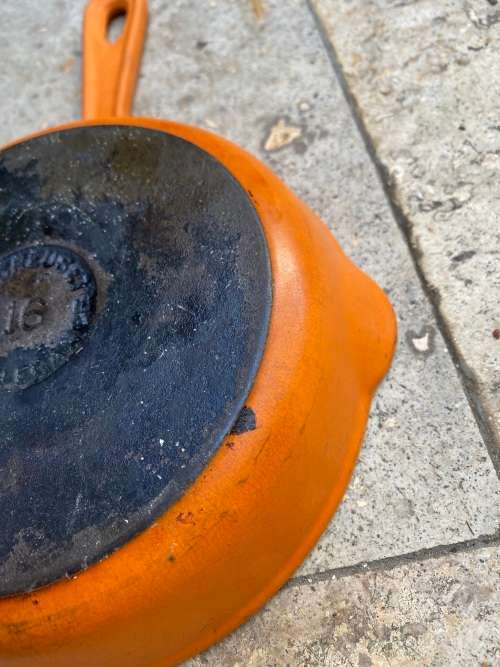 Le Creuset Skillet #16 Orange Enamel Cast Iron France Double Spout Frying Pan