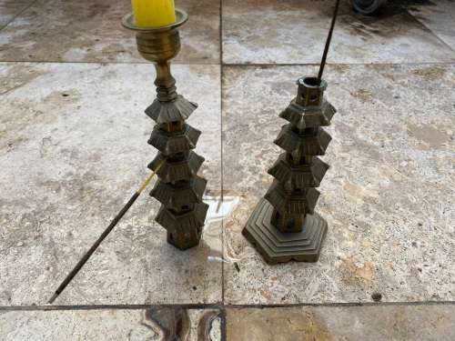 vintage brass pagoda incense holder and pagoda candle stick holder pair