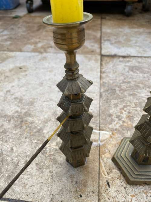 vintage brass pagoda incense holder and pagoda candle stick holder pair