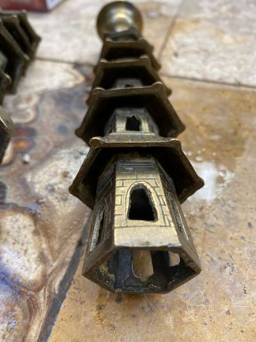 vintage brass pagoda incense holder and pagoda candle stick holder pair