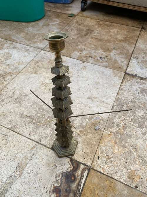 vintage brass pagoda incense holder and pagoda candle stick holder pair