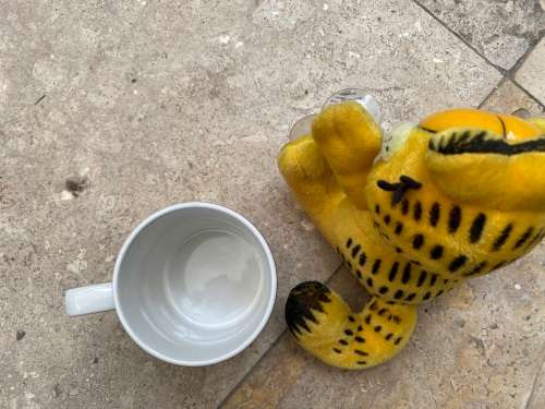 vintage Garfield coffee mug and garfield suction doll