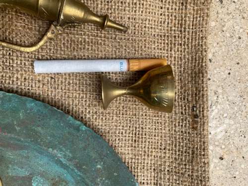 vintage miniature brass turkish tea set on copper plate