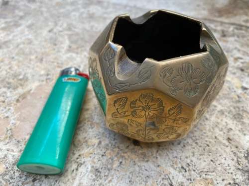 vintage brass geometric hexagon cube ashtray floral engraving detail