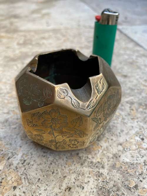 vintage brass geometric hexagon cube ashtray floral engraving detail