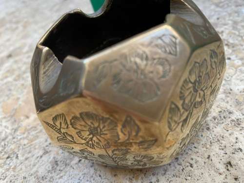 vintage brass geometric hexagon cube ashtray floral engraving detail