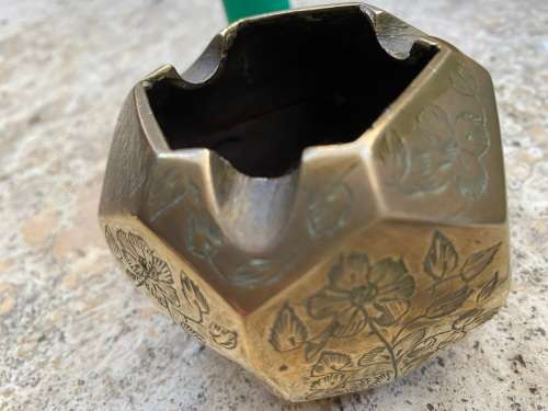 vintage brass geometric hexagon cube ashtray floral engraving detail