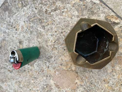 vintage brass geometric hexagon cube ashtray floral engraving detail