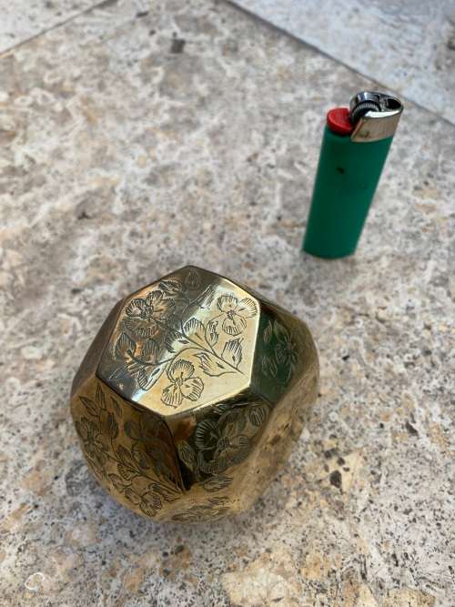 vintage brass geometric hexagon cube ashtray floral engraving detail