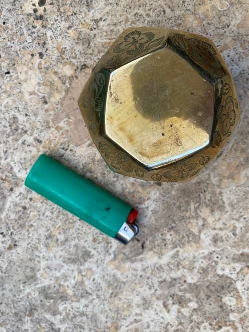 vintage brass geometric hexagon cube ashtray floral engraving detail