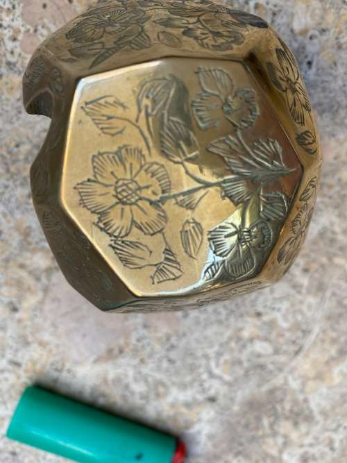 vintage brass geometric hexagon cube ashtray floral engraving detail