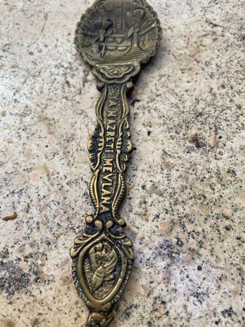 Vintage Brass Spoon Wall Hanging of Rumi and Whirling Dervish Mystic Ya Hazreti Mevlana