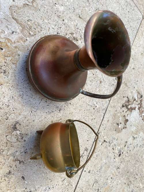 vintage webaware weba ware pitchet jug with mini brass chauldron