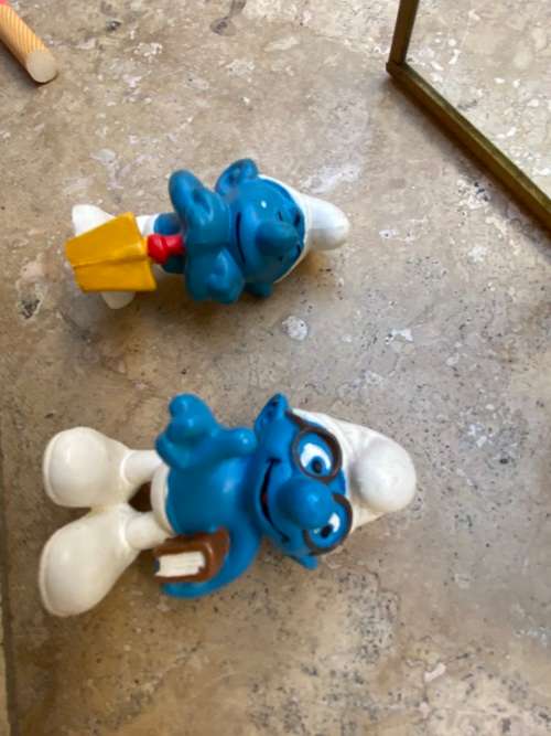 vintage peyo smurf pair digger book smurfs brass in glass mirror back display case box