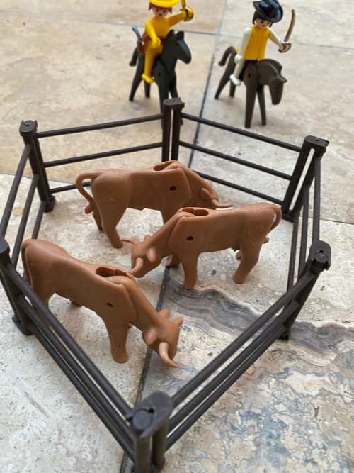 vintage Playmobil farm animals figures with 2 cowboys on horses figure 1974