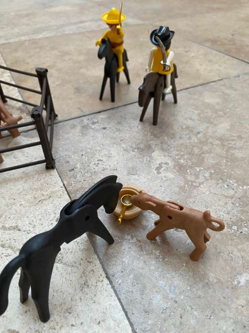 vintage Playmobil farm animals figures with 2 cowboys on horses figure 1974