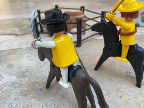 vintage Playmobil farm animals figures with 2 cowboys on horses figure 1974