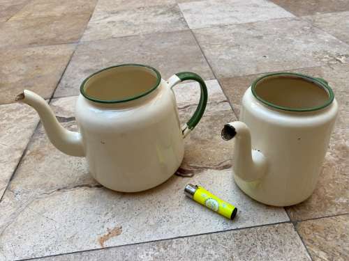 vintage judge cream and green heavy enamel tea pot teapot kettle pair , no lids
