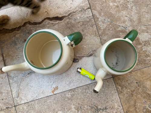 vintage judge cream and green heavy enamel tea pot teapot kettle pair , no lids