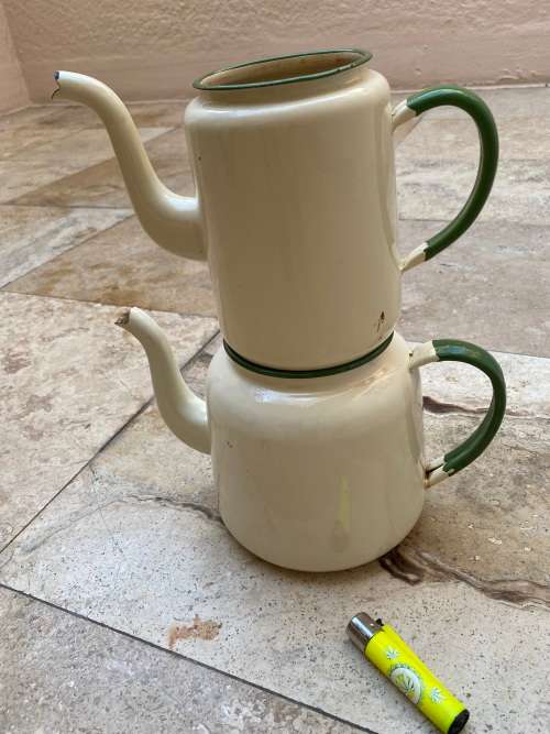 vintage judge cream and green heavy enamel tea pot teapot kettle pair , no lids