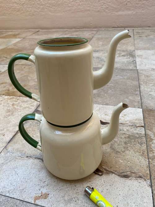 vintage judge cream and green heavy enamel tea pot teapot kettle pair , no lids