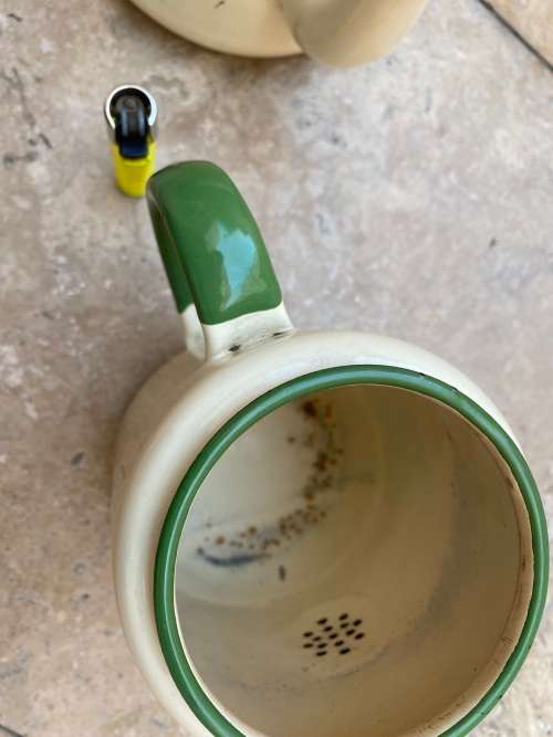 vintage judge cream and green heavy enamel tea pot teapot kettle pair , no lids