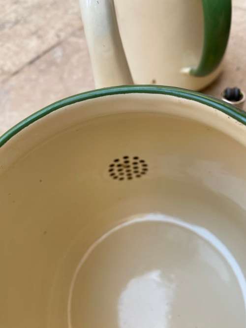 vintage judge cream and green heavy enamel tea pot teapot kettle pair , no lids