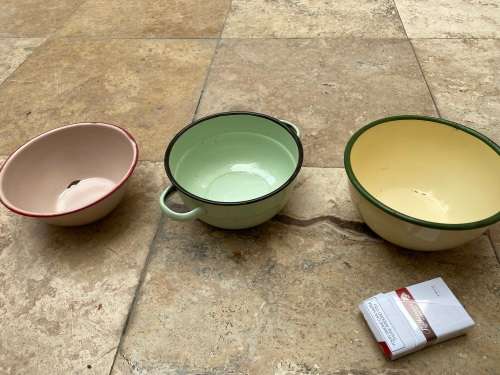 vintage judge cream and green enamel mixing bowl , pink and red rim with green enamel bowl
