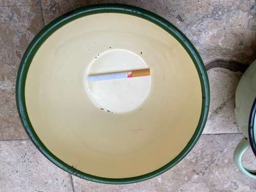vintage judge cream and green enamel mixing bowl , pink and red rim with green enamel bowl