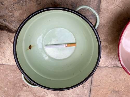 vintage judge cream and green enamel mixing bowl , pink and red rim with green enamel bowl