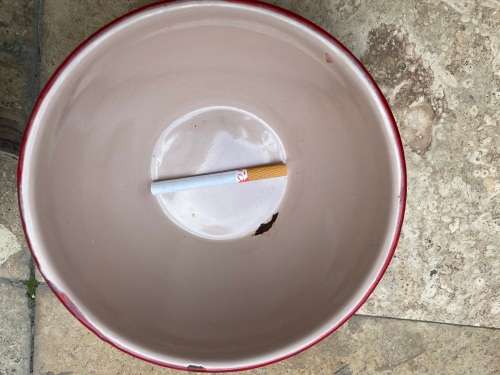 vintage judge cream and green enamel mixing bowl , pink and red rim with green enamel bowl