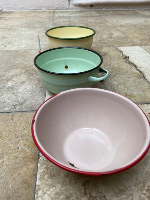 vintage judge cream and green enamel mixing bowl , pink and red rim with green enamel bowl