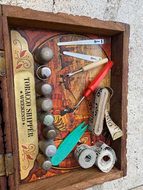 vintage sewing kit wooden box with cotton thread 8 thimbles thimble lot and sheffield scissors