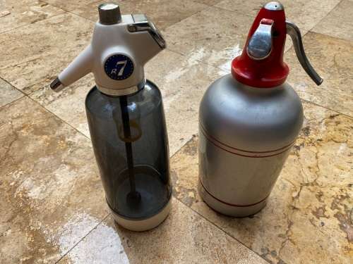 vintage sypholux and kanamori soda siphon pair
