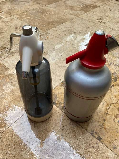 vintage sypholux and kanamori soda siphon pair