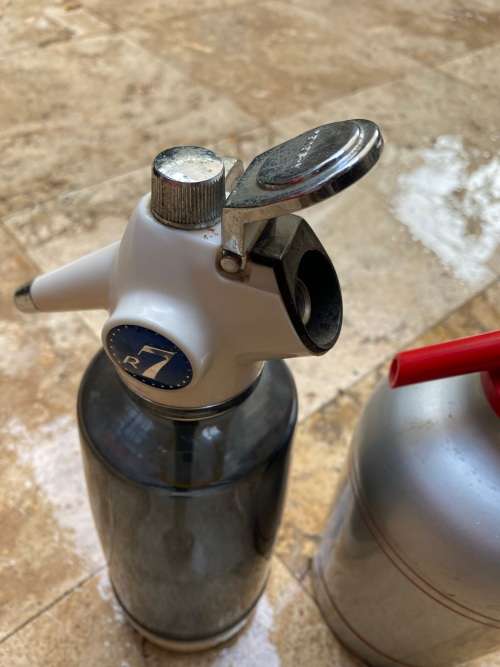 vintage sypholux and kanamori soda siphon pair