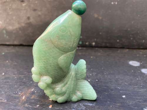 Antique Chinese Carved Jade green Stone hand carved Fish shape Shaped Snuff Bottle