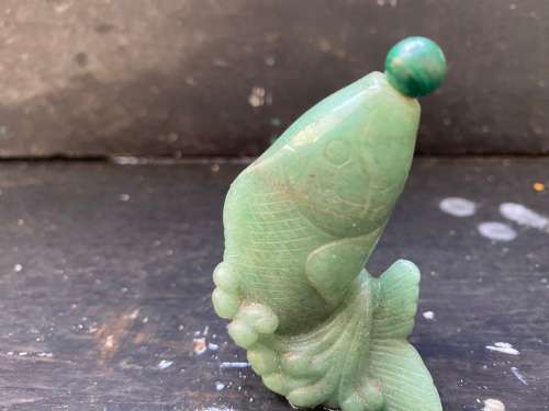 Antique Chinese Carved Jade green Stone hand carved Fish shape Shaped Snuff Bottle