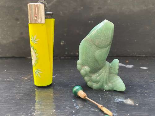 Antique Chinese Carved Jade green Stone hand carved Fish shape Shaped Snuff Bottle