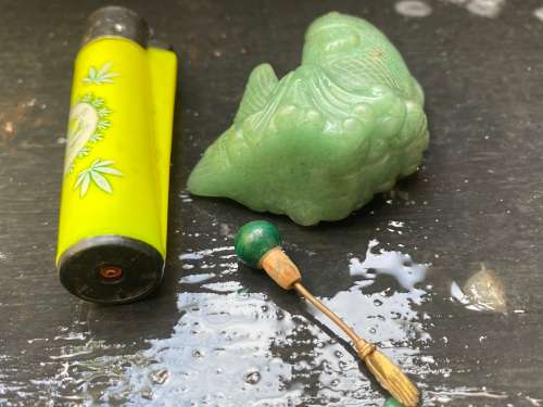 Antique Chinese Carved Jade green Stone hand carved Fish shape Shaped Snuff Bottle
