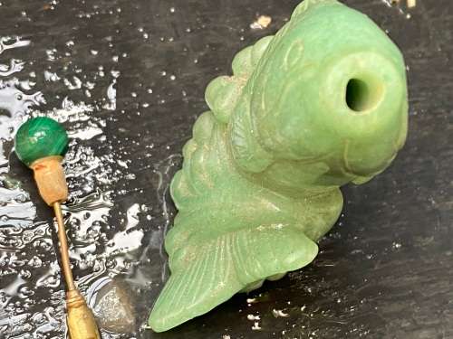 Antique Chinese Carved Jade green Stone hand carved Fish shape Shaped Snuff Bottle