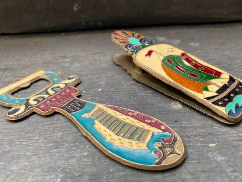 vintage greek brass enamel bottle opener and peg pair , owl with ship athens