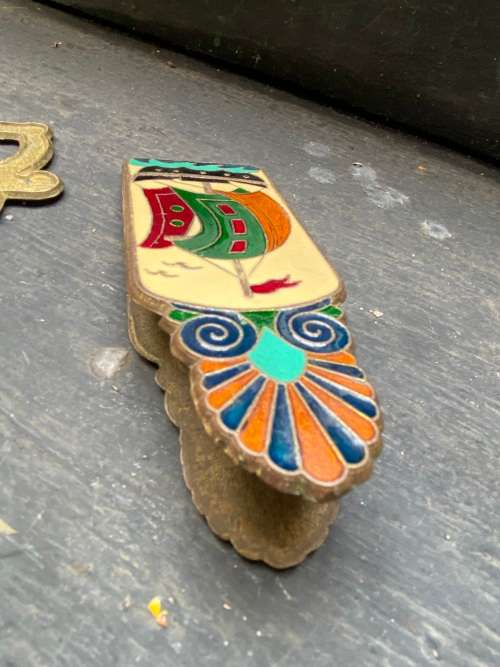 vintage greek brass enamel bottle opener and peg pair , owl with ship athens