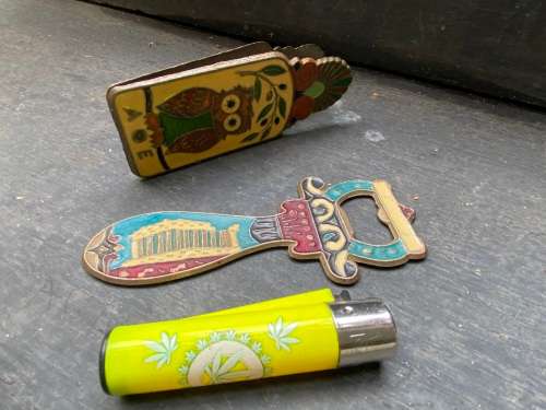 vintage greek brass enamel bottle opener and peg pair , owl with ship athens
