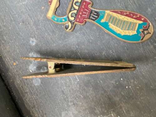 vintage greek brass enamel bottle opener and peg pair , owl with ship athens