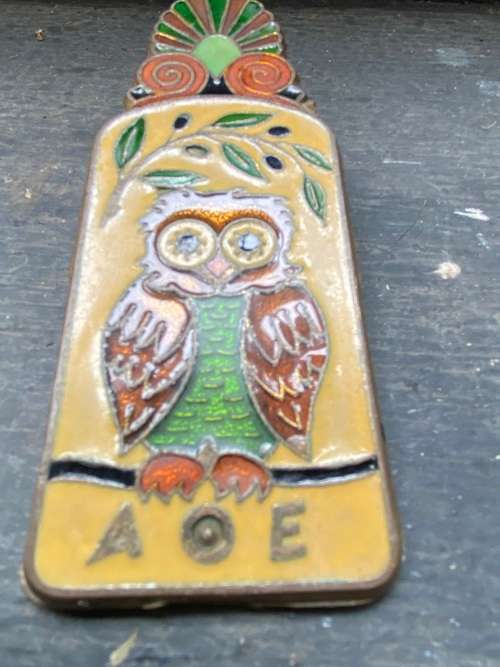 vintage greek brass enamel bottle opener and peg pair , owl with ship athens