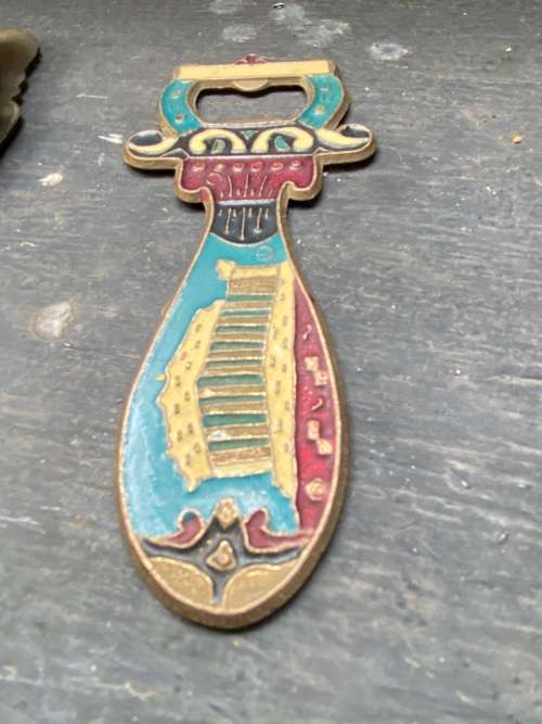 vintage greek brass enamel bottle opener and peg pair , owl with ship athens