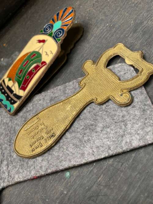 vintage greek brass enamel bottle opener and peg pair , owl with ship athens