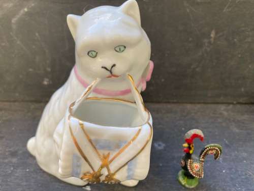vintage collectable ceramic cat with coin purse made by Coimbra SP Portugal toothpick holder